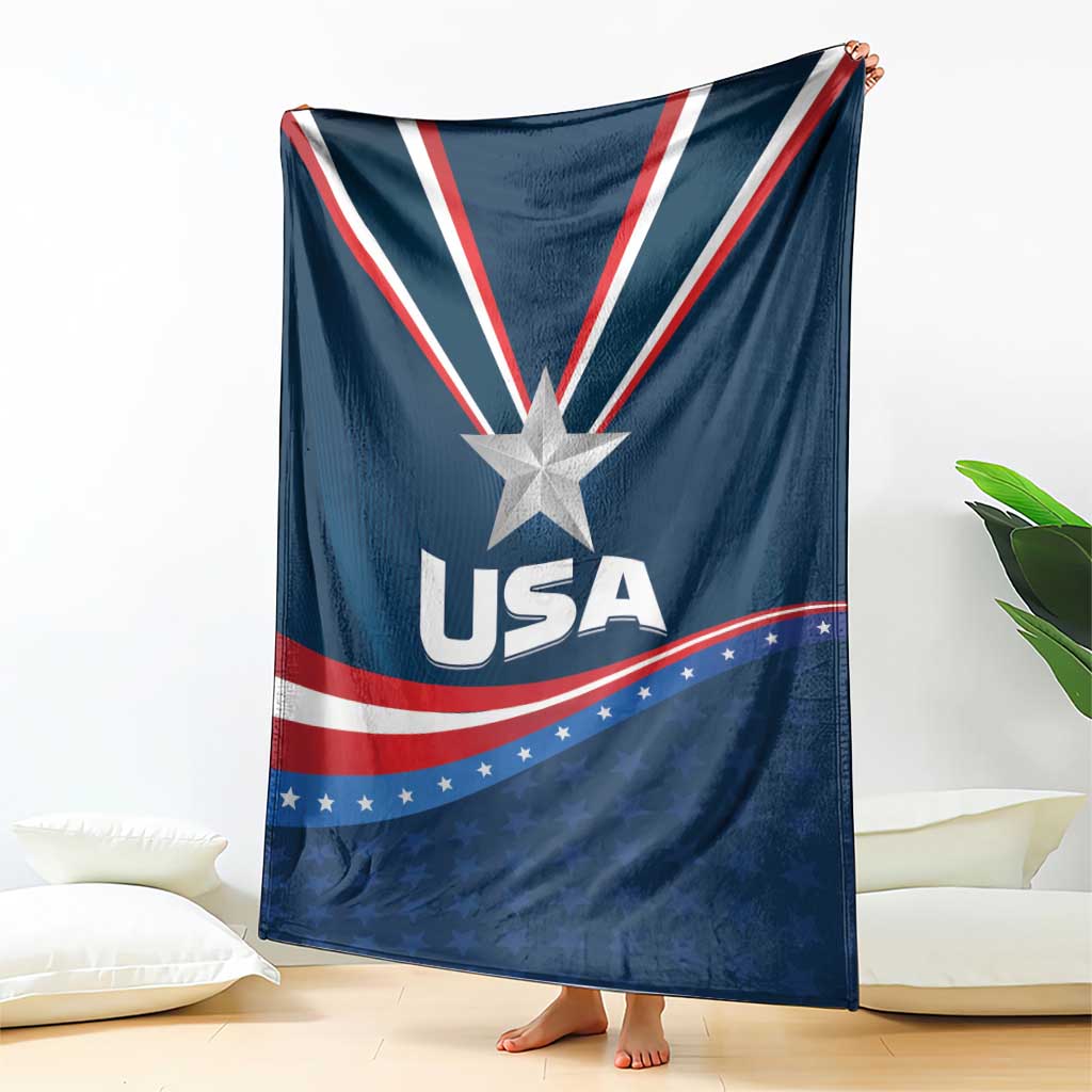 Blue USA-themed blanket hanging display, featuring star emblem and USA lettering