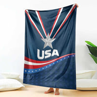 Blue USA-themed blanket hanging display, featuring star emblem and USA lettering