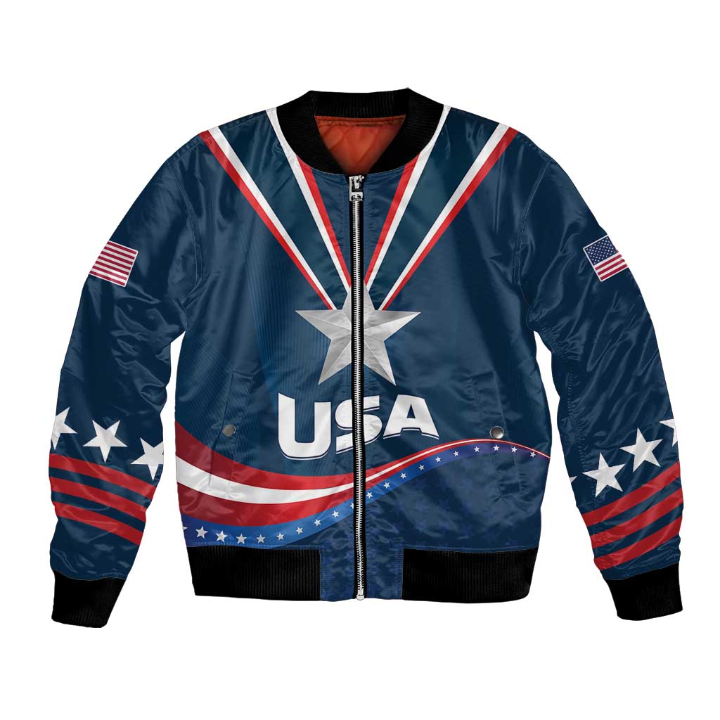 Unisex blue bomber jacket with USA star graphic and striped patriotic sleeves