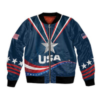 Unisex blue bomber jacket with USA star graphic and striped patriotic sleeves