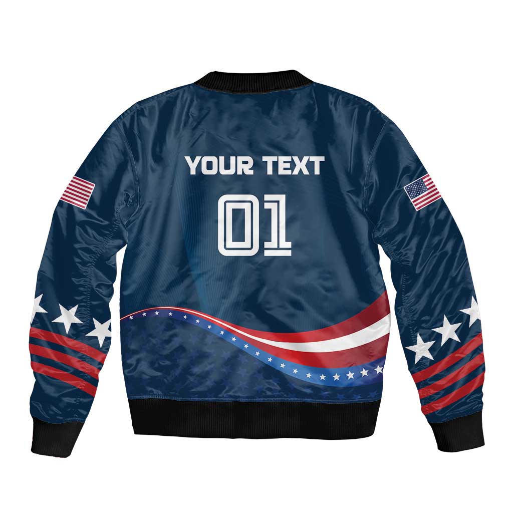 Unisex blue bomber jacket with back 'YOUR TEXT' 01 graphic and patriotic sleeve stars