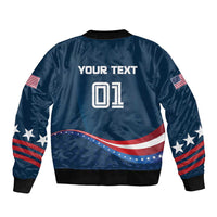 Unisex blue bomber jacket with back 'YOUR TEXT' 01 graphic and patriotic sleeve stars
