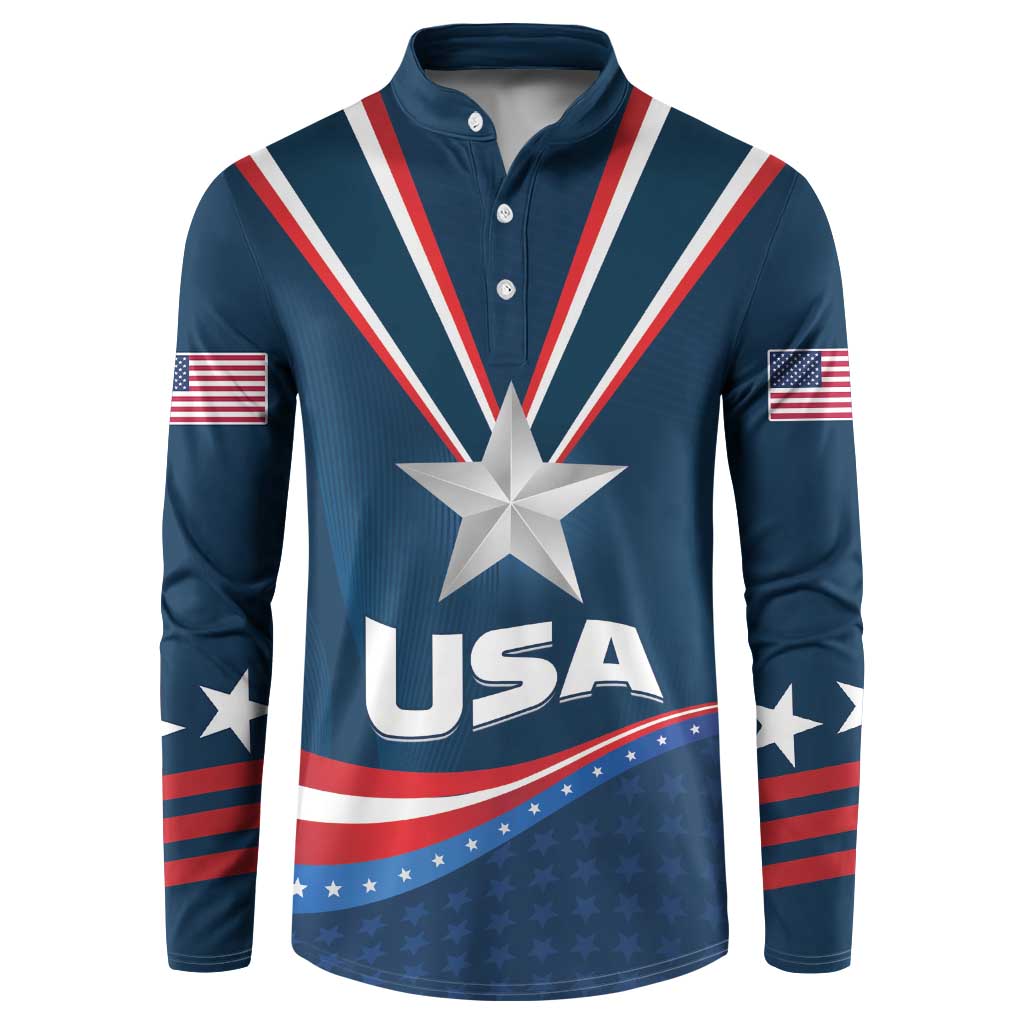 Blue USA-themed button henley sweatshirt with star, stripes, and USA lettering