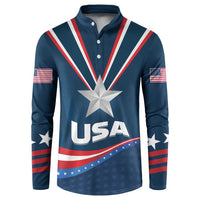 Blue USA-themed button henley sweatshirt with star, stripes, and USA lettering