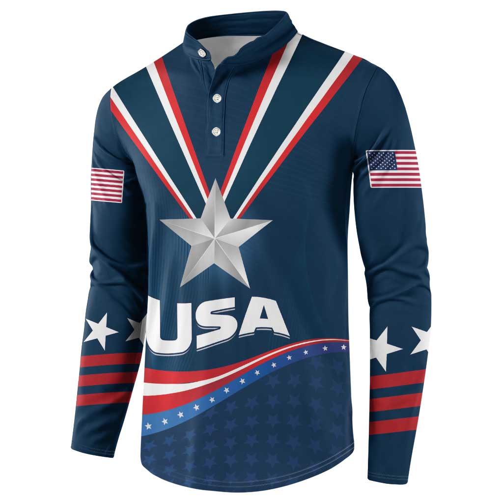Blue button henley sweatshirt with large star, USA lettering, and side flag stripes