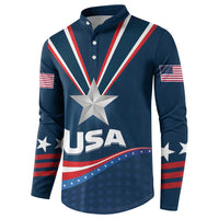 Blue button henley sweatshirt with large star, USA lettering, and side flag stripes