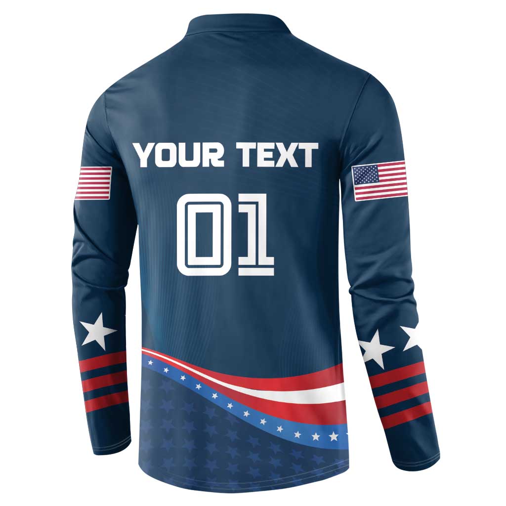 Blue back-print button henley sweatshirt with YOUR TEXT and outlined emblem