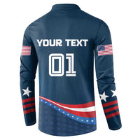 Blue back-print button henley sweatshirt with YOUR TEXT and outlined emblem