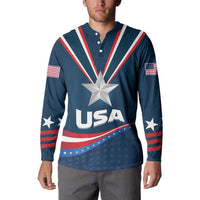 Blue button henley sweatshirt with large star and USA graphic on the front
