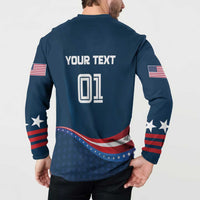 Blue button henley sweatshirt shown from back with YOUR TEXT and outlined emblem