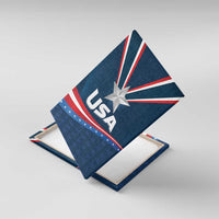 USA star canvas wall art shown with a wooden back/base and blue striped design