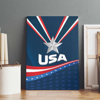 USA star canvas wall art featuring blue rays, silver star, and “USA” on red-white band