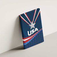 Blue USA canvas wall art angled view with silver star and red-white stripe accents