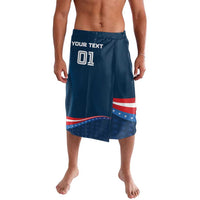Blue knee-length elastic-waist lava lava with star-spangled stripe graphic and custom text