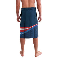 Blue knee-length elastic-waist lava lava with red-and-white stripe and star band detail