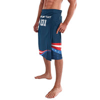 Blue knee-length elastic-waist lava lava with star-spangled stripe graphic on side panel