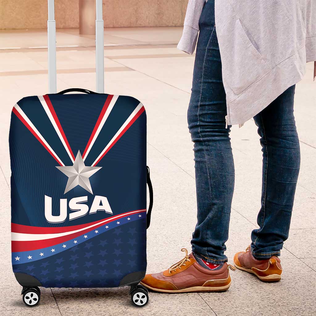 Blue luggage cover with USA text, large central star, and striped corner design