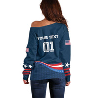 Blue off-shoulder sweater with USA flag sleeve and star medal graphic, back print