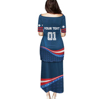 Blue long off-shoulder dress with back stars, 'YOUR TEXT' and 01 print