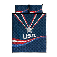 Blue quilt cover set with USA star, red-white stripes, and two matching pillows