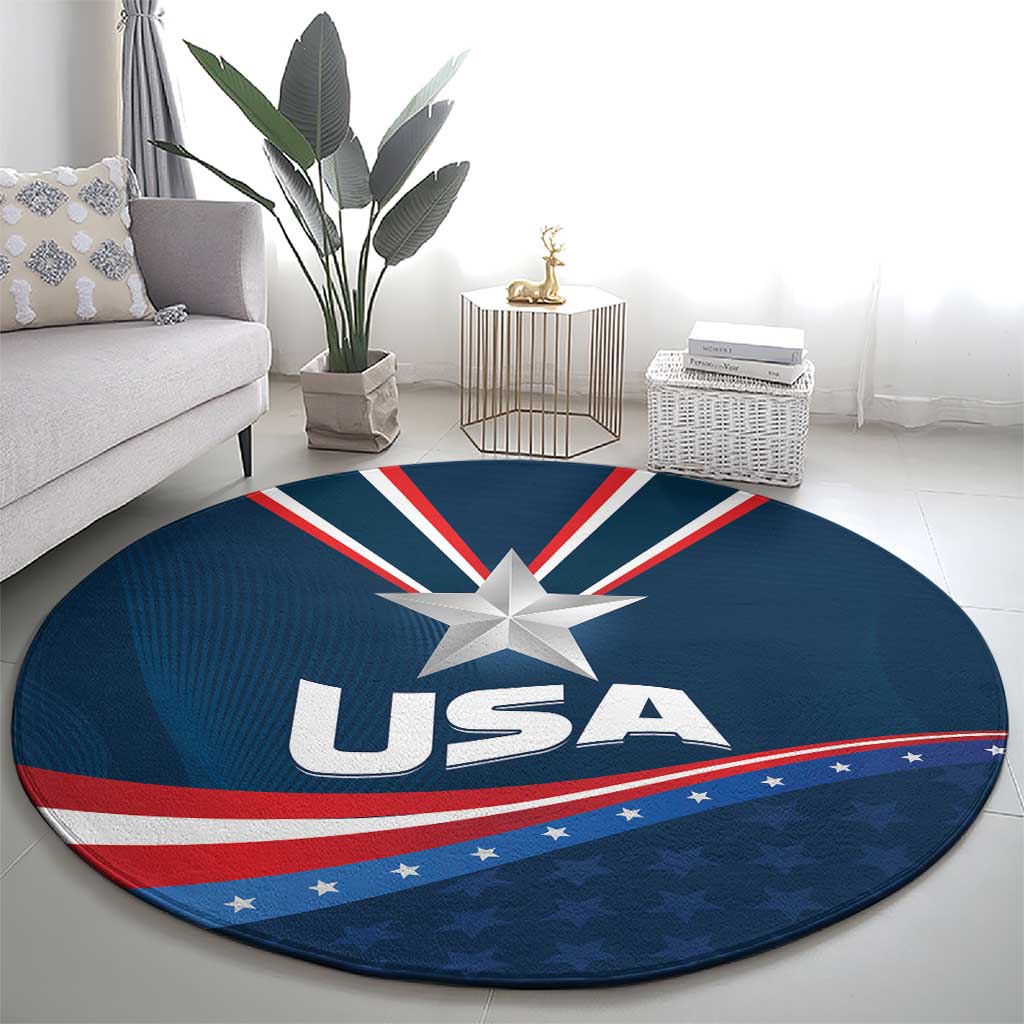 Round blue carpet with USA star, Union Jack stripes, and 'USA' lettering