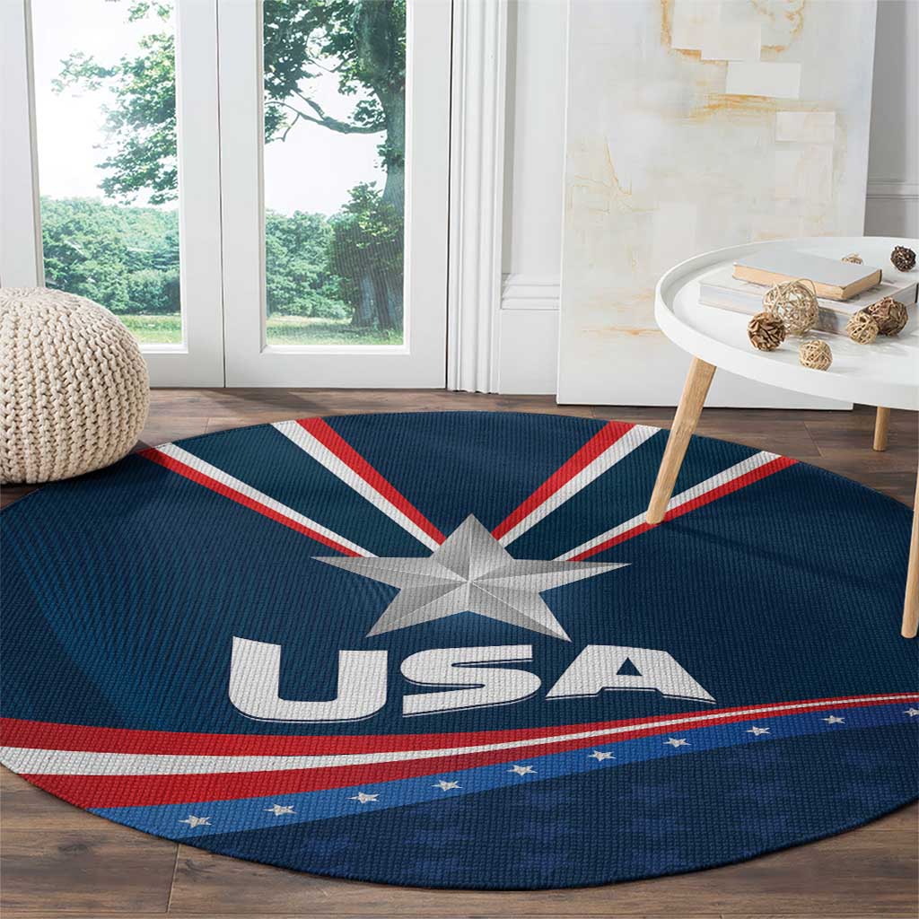 Round blue carpet with USA star and 'USA' lettering over Union Jack style stripes