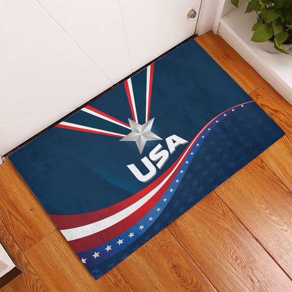 Blue USA star medal rubber doormat for entryway, with rays and USA text