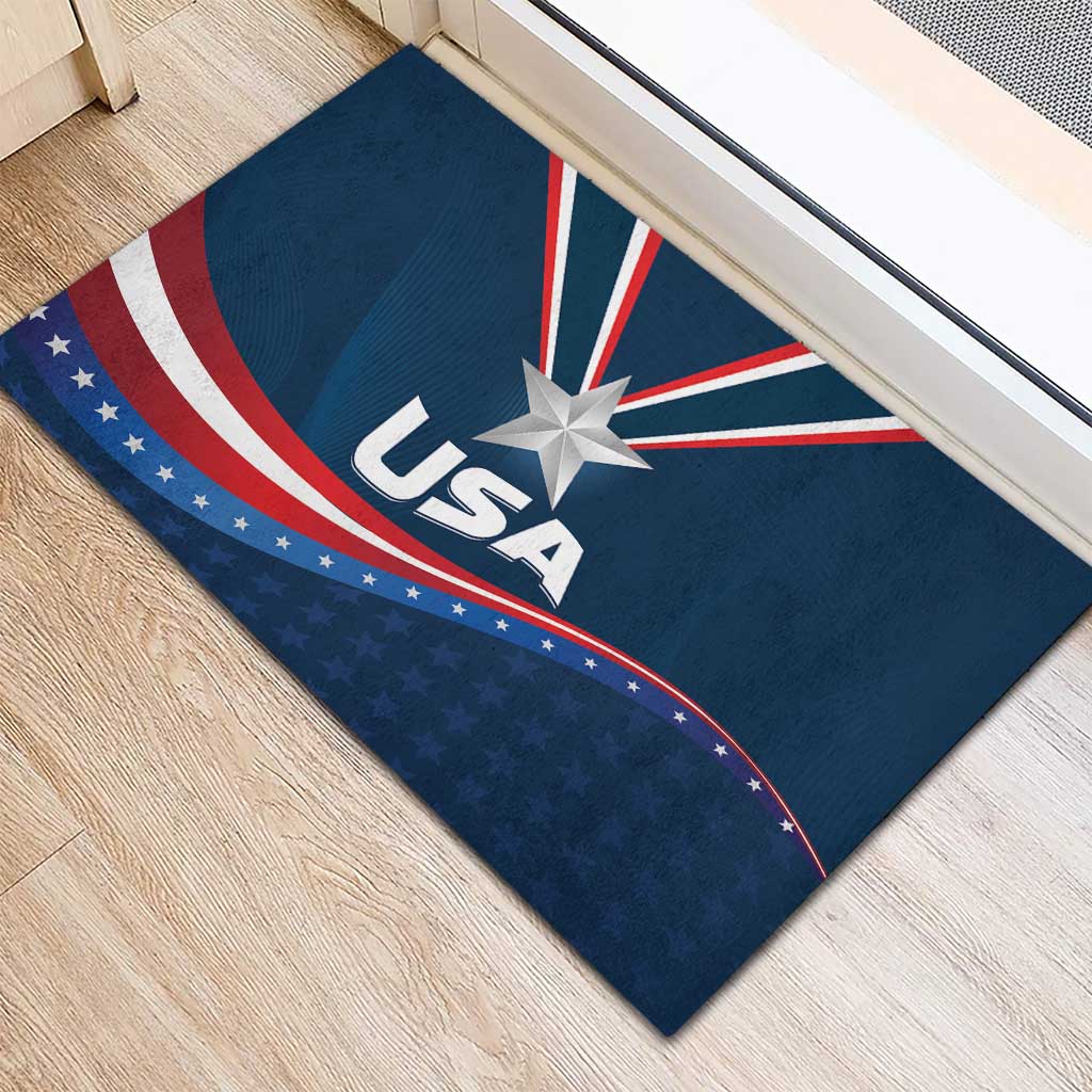 Blue USA star medal rubber doormat showing star and USA lettering near doorway