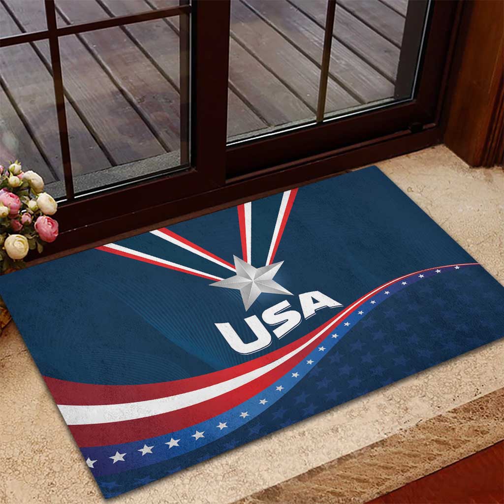 Blue USA star medal rubber doormat with rays and USA lettering