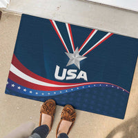 Blue USA star medal rubber doormat with star rays, USA text, and curved star stripe
