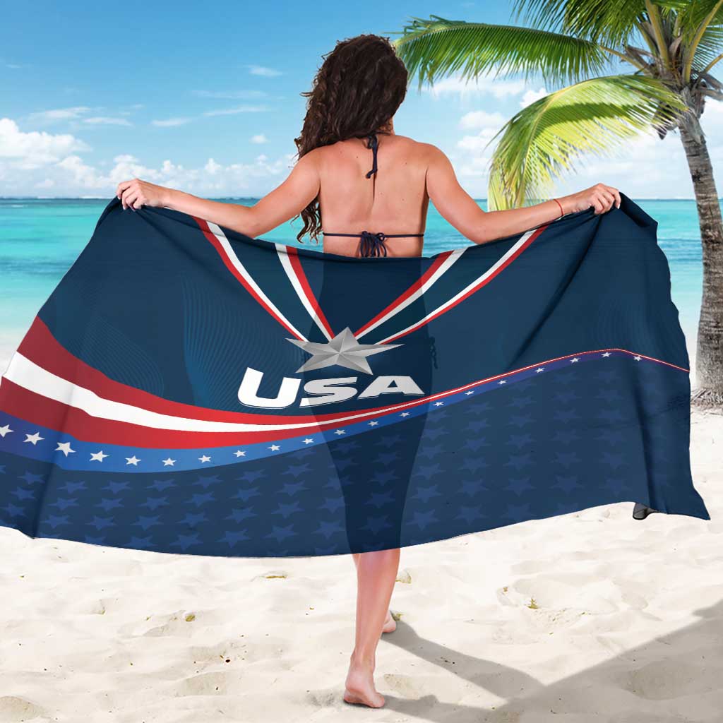 Navy USA star sarong with large starburst, USA text, red white stripe border
