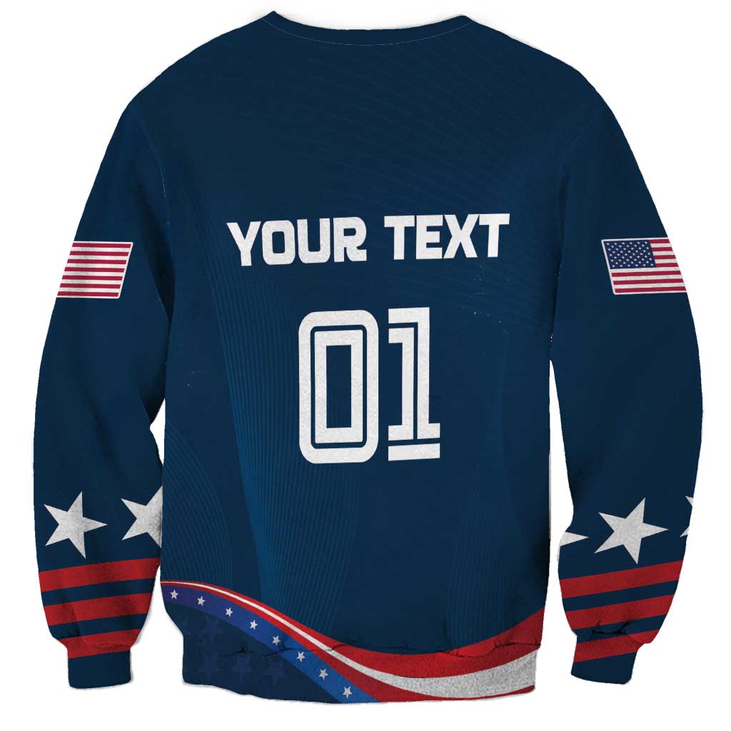 Dark blue sweatshirt back with YOUR TEXT and 01 print, star-and-stripe hem