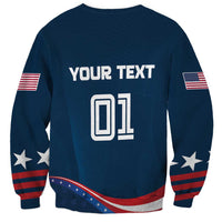 Dark blue sweatshirt back with YOUR TEXT and 01 print, star-and-stripe hem