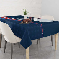Navy blue tablecloth with USA emblem, star pattern, and red-white border