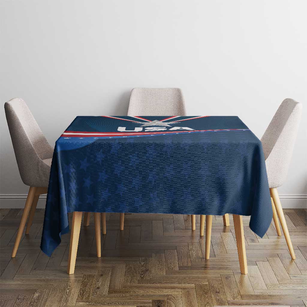 Navy blue tablecloth with USA star medal graphic and red stripe border on tabletop