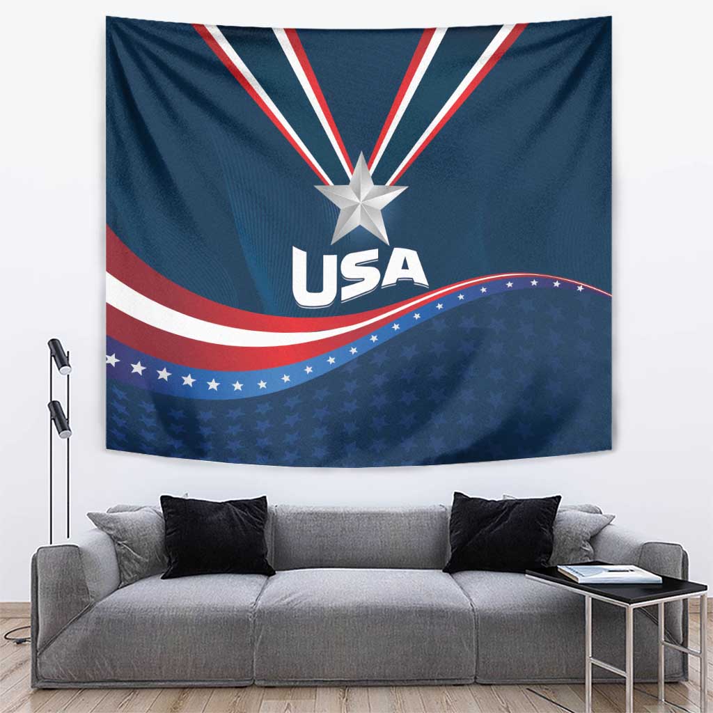 Blue USA flag tapestry with central star, 'USA' lettering, and curved star wave border