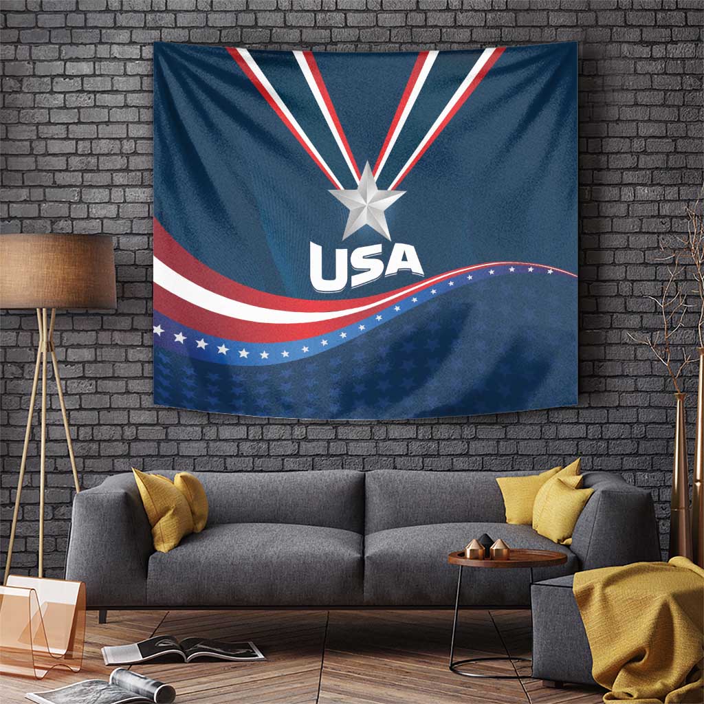 Blue USA flag tapestry with central star, red and white stripes, and 'USA' text