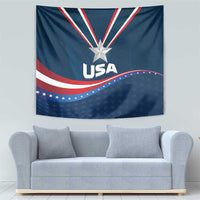 Blue USA flag tapestry with central star, wave stripes, and 'USA' logo