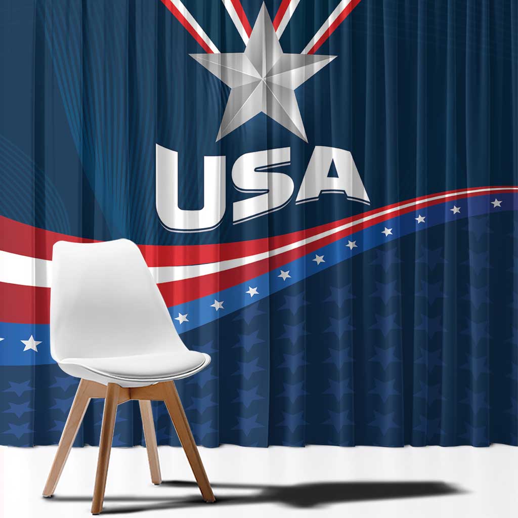 USA star window curtain, blue with red/white stripes, large white star and USA lettering