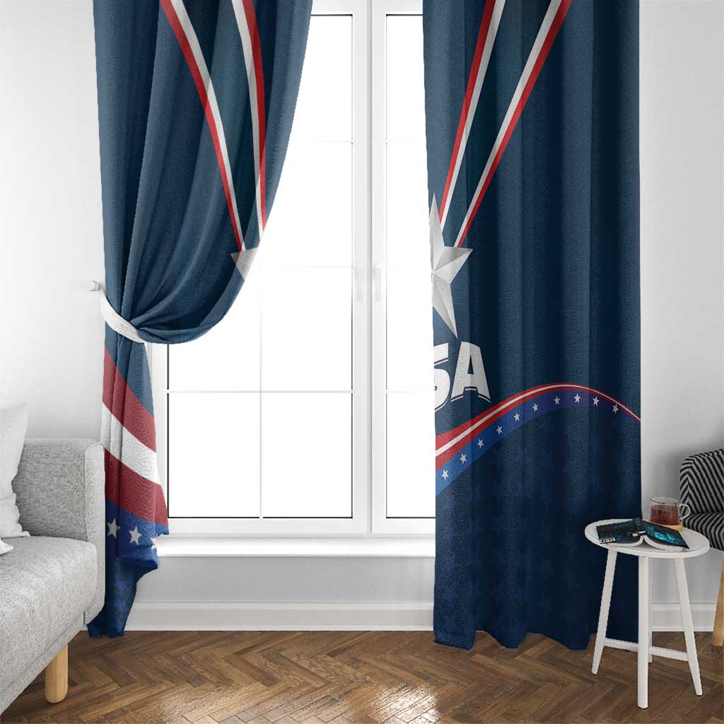 USA star window curtain, blue with star and diagonal red/white stripes on side panels