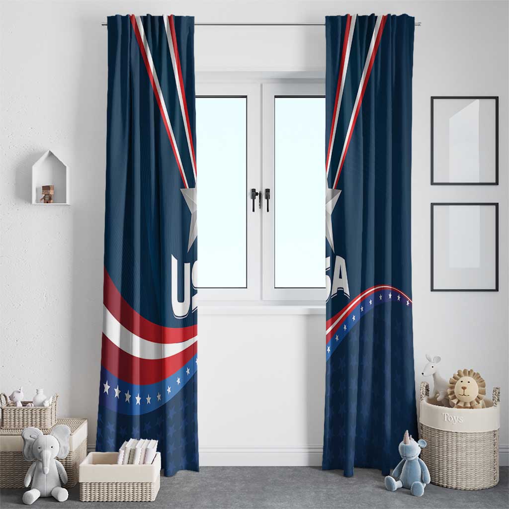 USA star window curtain, blue with diagonal red/white bands and white star on each panel