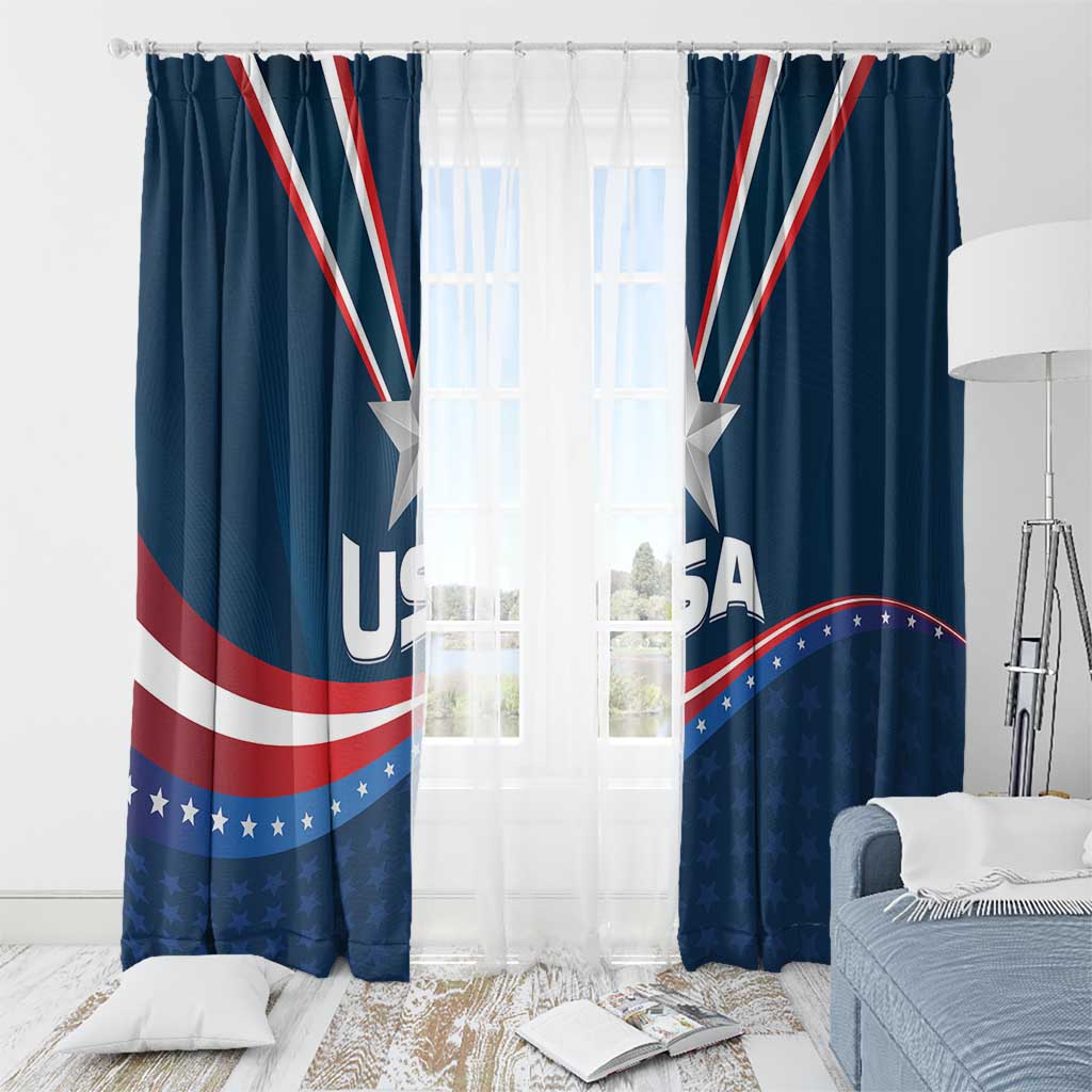 USA star window curtain with grommets, blue with star and red/white stripes on rod-ready top
