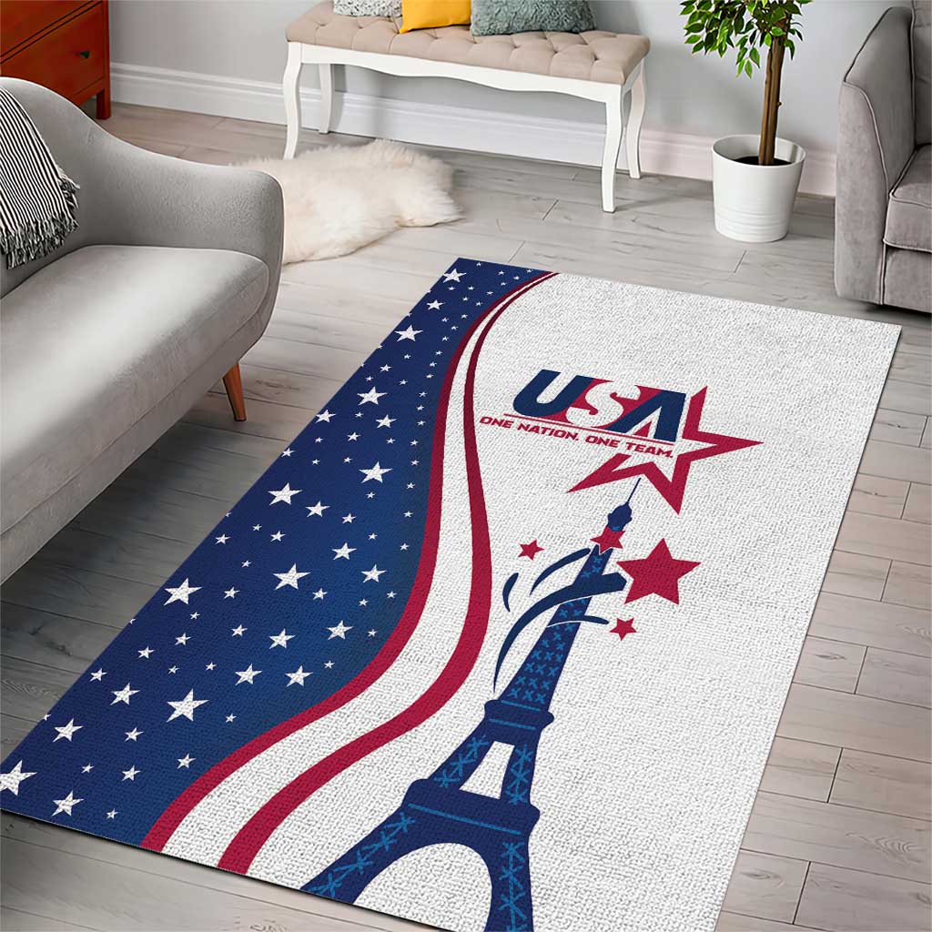 Rectangular USA flag area rug with Eiffel Tower graphic in blue, red, and white