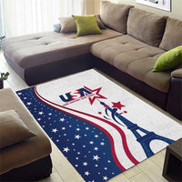 Living room rectangular rug featuring USA flag stars, red stripes, and Eiffel Tower image