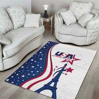 USA flag themed rectangular rug with blue Eiffel Tower and red star accents