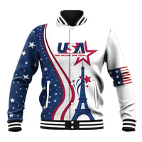 Unisex USA baseball jacket with Eiffel Tower graphic, stars and stripes, zip front