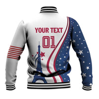 Unisex USA baseball jacket back with Your Text and 01, Eiffel Tower stars graphic