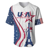 White baseball jersey with V-neck, red/blue Eiffel Tower and USA flag graphics