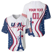 Pair of white baseball jerseys: one USA front, one back with YOUR TEXT and Eiffel Tower