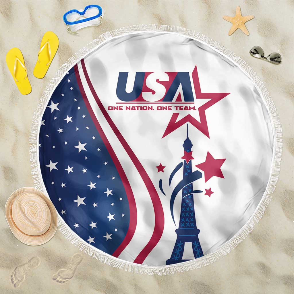 Round USA beach blanket on white with navy star field, red stripes, Eiffel Tower star design